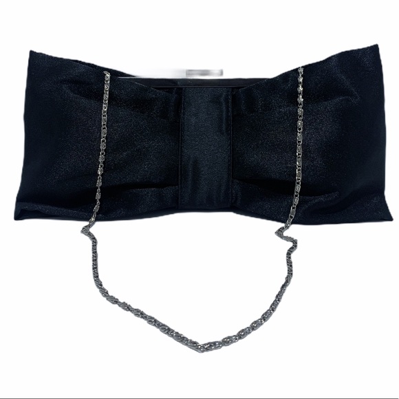 Black Satin Evening Clutch Bag with Thin Silvertone Shoulder Chain Strap - Picture 1 of 7